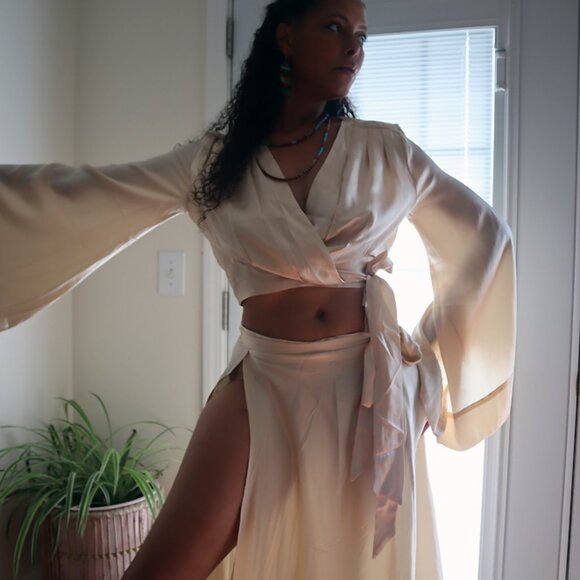 Silk Wrap Skirt and Blouse Set - Picture 1 of 5